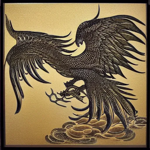 Prompt: a phoenix flying above water!! intricated detailed. japanese detailed. biotechnology