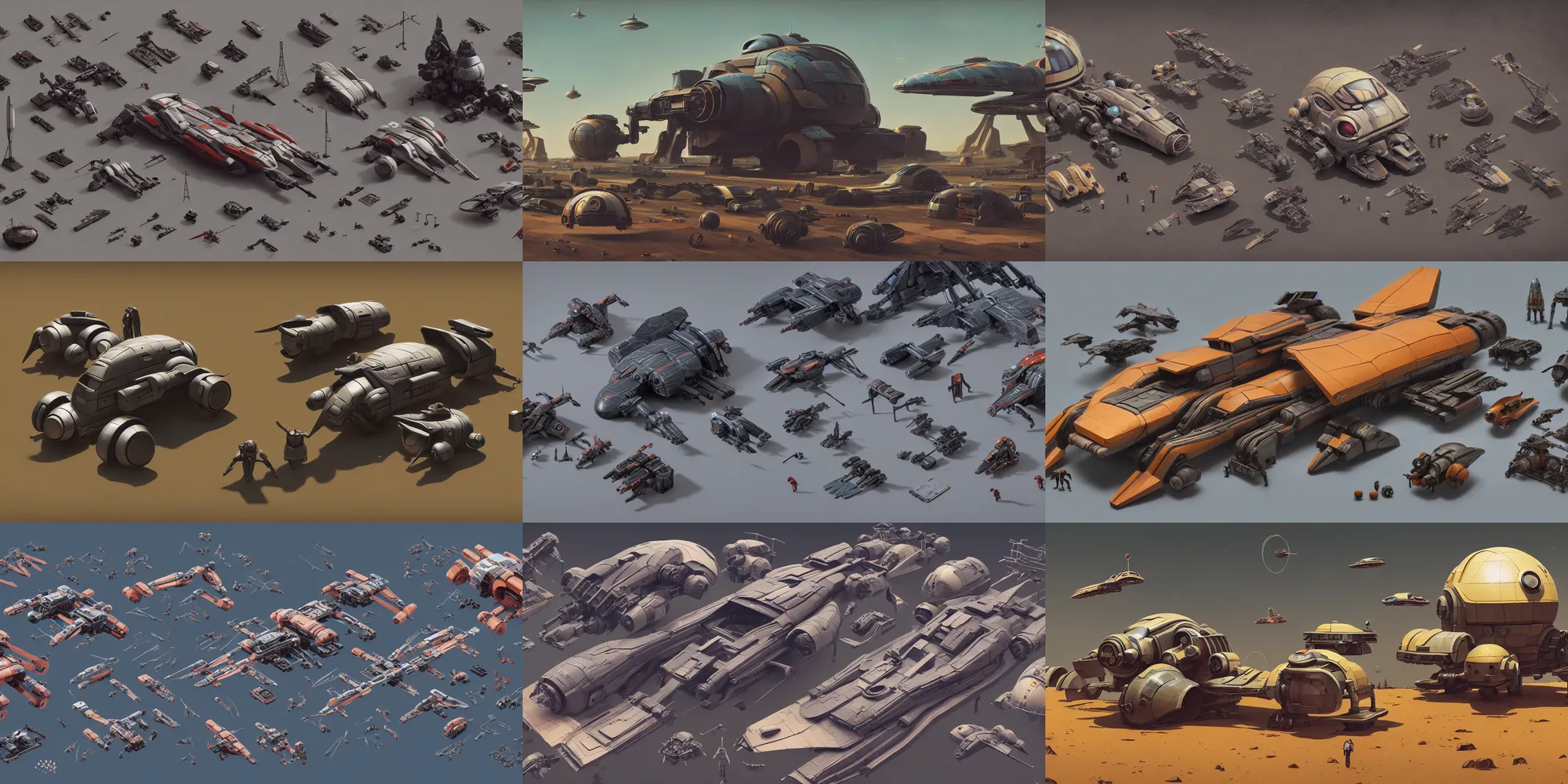 Prompt: collection of exploration of form and shapes, props, hard surface, panel, simon stalenhag, kitbash, items, gadget, big medium small, close up, greebles, spaceship, vehicles, speeder, pod racer