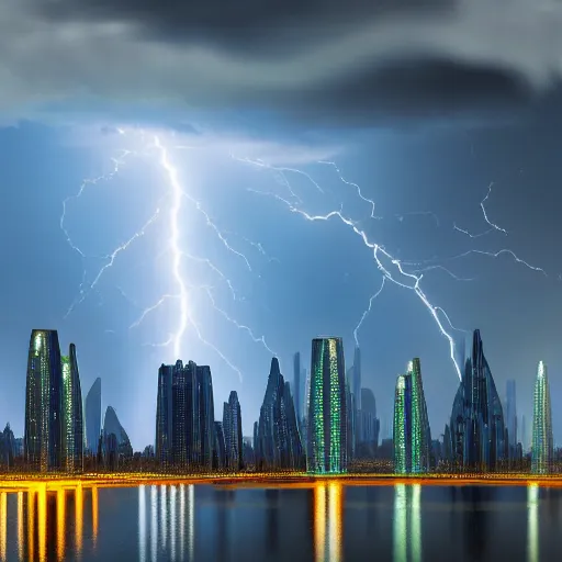 Image similar to Wide shot of colossal futuristic megacity towering across the landscape, thunder storm, Ralph McQuarrie, EOS-1D, f/16, ISO 200, 1/160s, 8K