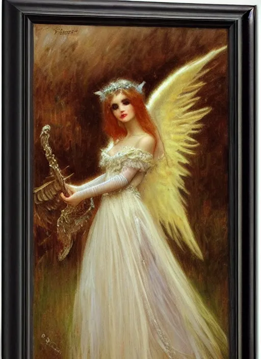 Image similar to angel knight gothic girl, baroque dress. by gaston bussiere