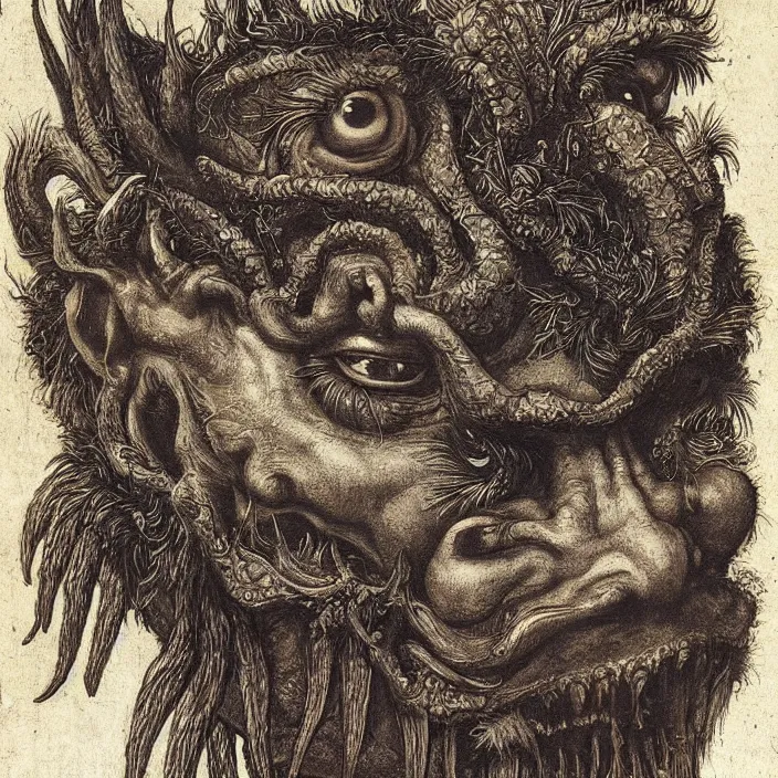 Image similar to close up portrait of a mutant monster creature with crooked boar - like teeth, flower iris eyes, ingrown nose, spidery mustache, lace and manbun. jan van eyck