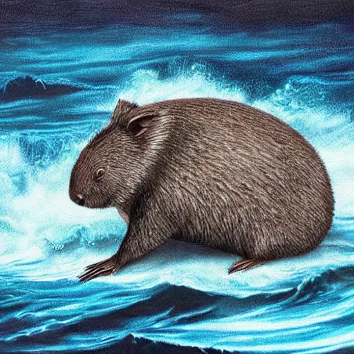 Image similar to wombat playing chess or a raft in stormy seas realistic waves