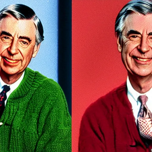 Prompt: mr. rogers doing finger guns, funny color photo