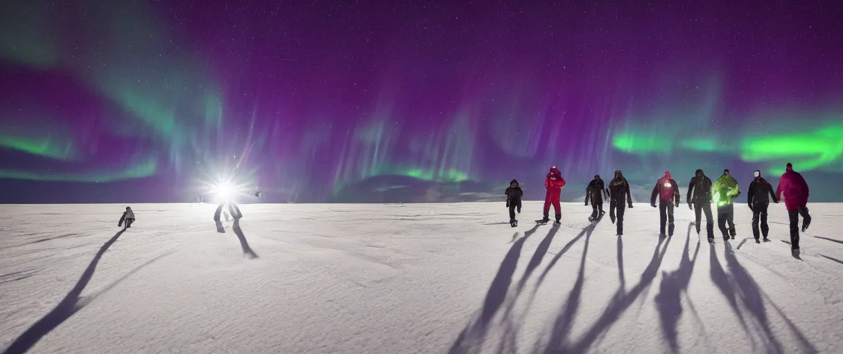 Image similar to a creepy backlit hyper detailed photo realistic vivid close up photograph of a group of six complete people in the snow at night aurora borealis in antarctica running through mcmurdo station base screaming oh my god