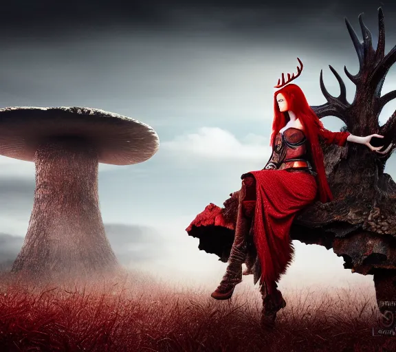 Prompt: a photo of an armored woman warrior redhead with antlers sitting on a giant red cap mushroom that covers a whole village and reaches above the clouds by luis royo. intricate. lifelike. soft light. sony a 7 r iv 5 5 mm. cinematic post - processing