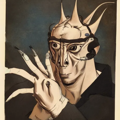 Image similar to portrait of mutant with horn in form of hand, anime, transplanted hand to head, surgery, like bebop, bump in form of hand, growth on head, hippo - man