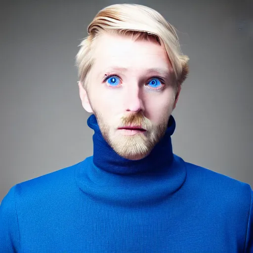 Image similar to A gangly british man, with short blond hair and short blond beard wearing a jacket and turtleneck , blue eyes, pale skin, English heritage, cartoon, mid-shot, 8k