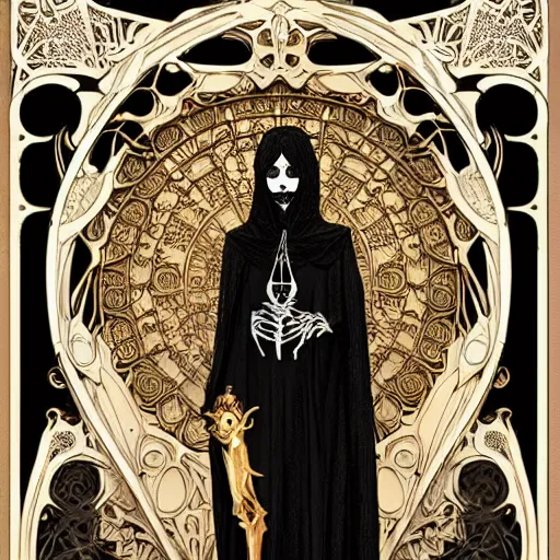 Image similar to a skeleton in a black cloak, highly detailed, very intricate, art nouveau, gold filigree, left right symmetry, tarot concept art watercolor illustration by mandy jurgens and alphonse mucha and alena aenami, featured on artstation