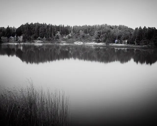 Image similar to lake by Andrei Tarkovsky, lady in long dress, mist, lomography effect, photo, monochrome, photo blurring, 35mm