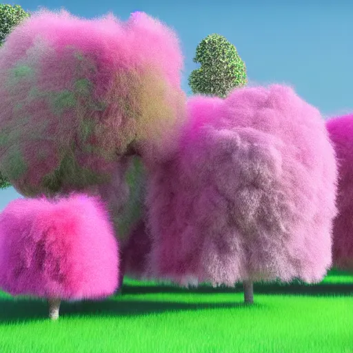 Image similar to Colorful fluffy trees made of fur in a field, Blender render, volumetric lighting