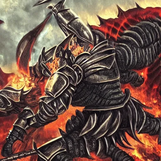 Prompt: Black armored Knight fighting a demon in hell, highly detailed