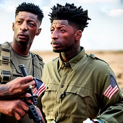 Prompt: film still with 2 1 savage from the hurt locker