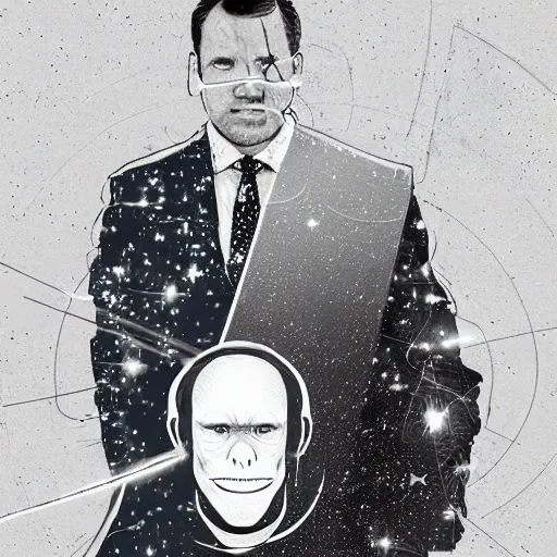 Prompt: double exposure portrait split in the middle of a astronaut and one chimpanzee in a suit posing with space in the background, pencil sketch, dynamic lighting of stars, sharpness, golden ratio