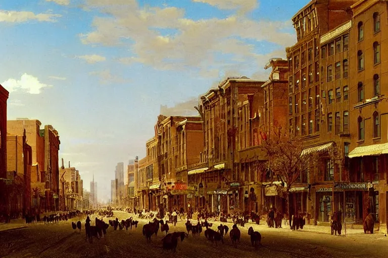 Image similar to birds looking down street of small but busy downtown midwestern town, 1 8 0 0 s, rule of thirds, matte painting, highly detailed, cinematic lighting, by albert bierstadt, frederic edwin church