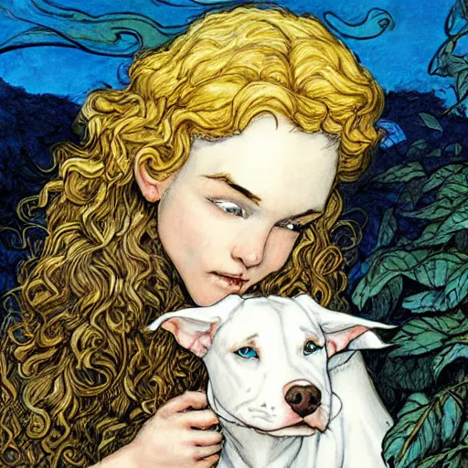 Image similar to elf girl with curly blonde hair pets a white pitbull, highly detailed, painting by rebecca guay