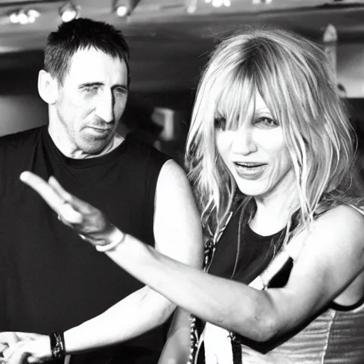 Image similar to Photo of Trent Reznor pointing and laughing at Courtney Love. Hyper realistic, highly detailed, dynamic lighting.