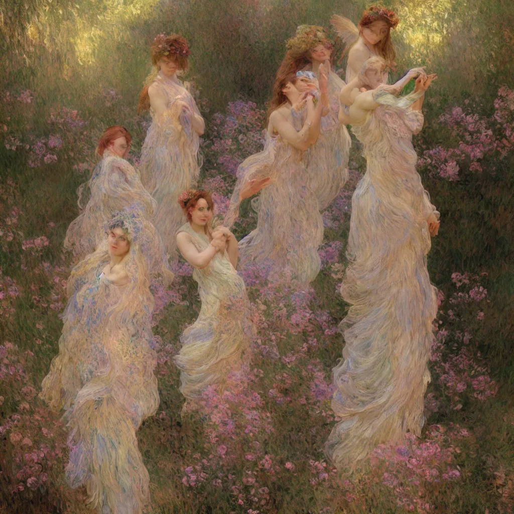 Image similar to illustration studio portrait of three beautiful seraphim female energy in artistic poses in nature, monet painterly motives and textures pattern, hyper detailed, octane render, vivid colors, artstation, by jeremy mann, by alphonse mucha, by monet