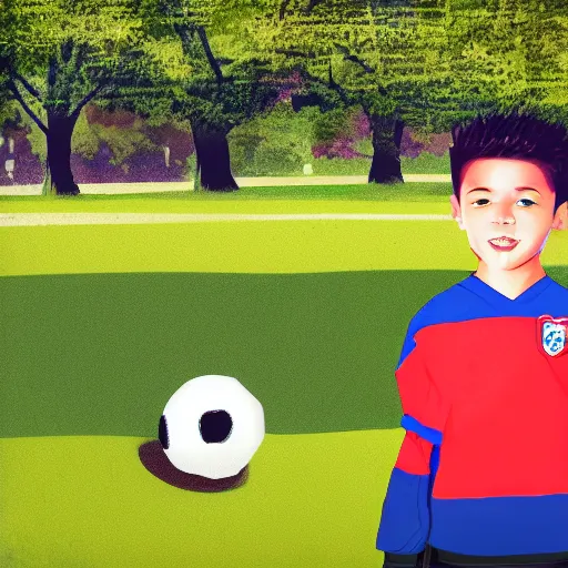 Prompt: a young boy wearing soccer clothes in the park, digital art