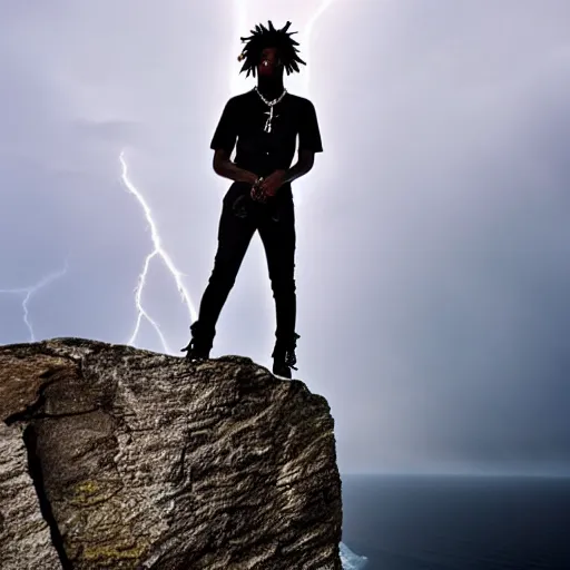 Prompt: an awe inspiring photo of Playboi Carti standing on top of a cliff while lightning strikes in a black sky behind him