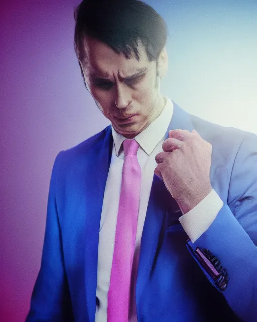 Image similar to man in blue suit with pink tie and purple shirt pondering, hyper realism, cinematic, volumetric lighting, intricate complexity, extremely detailed,