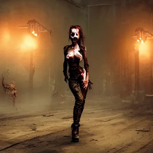 Prompt: angry zombie supermodel with sexy clothes, full body portrait, perfect body, rib cage errupted, horror core, apocalyptic, feeling of grimdark, sharp focus, fiction, hyper detailed, digital art, trending in artstation, cinematic lighting, studio quality, smooth render, unreal engine 5 rendered, octane rendered, art style and nixeu and wlop and krenz cushart