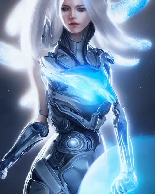 Image similar to perfect android girl on a mothership, warframe armor, beautiful face, scifi, futuristic, galaxy, nebula, raytracing, dreamy, long white hair, blue cyborg eyes, sharp focus, cinematic lighting, highly detailed, artstation, divine, by gauthier leblanc, kazuya takahashi, huifeng huang