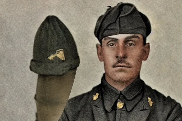 Image similar to Luigi as a world war I soldier, photograph, colorized, damaged