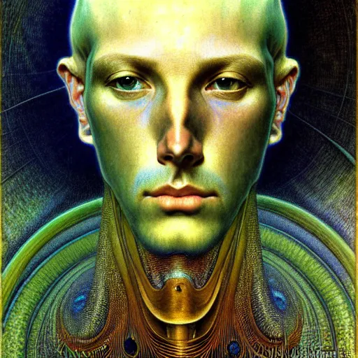 Image similar to realistic extremely detailed portrait painting of an average futuristic man by Jean Delville, Amano, Yves Tanguy, Alphonse Mucha, Ernst Haeckel, Edward Robert Hughes, Roger Dean, rich muted pastel moody colors, gold eyes