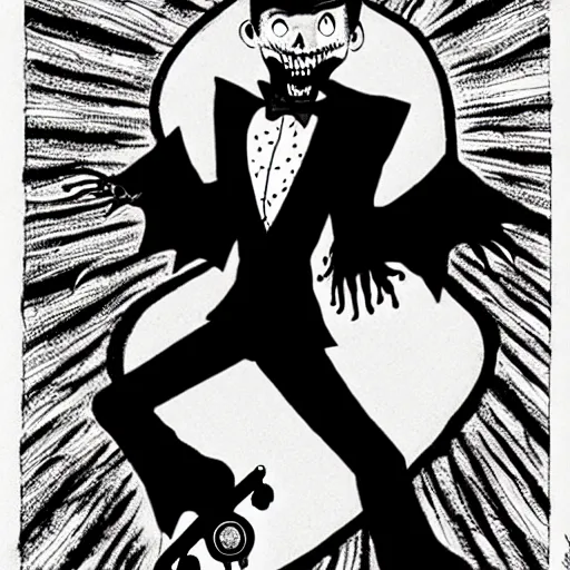 Prompt: black and white trippy comic art of full body depiction of dracula the vampire roller skating on roller skates, drawn by martin rowson, tim burton, alex pardee, nekro petros afshar, james mcdermott, frank moth, cgsociety, awesome, stunning, 4 k