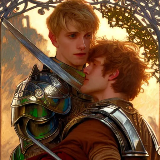 Image similar to attractive arthur pendragon and his favourite attractive male knight, they are in love, camelot, natural lighting, path traced, highly detailed, high quality, digital painting, by gaston bussiere and ross tran and j. c. leyendecker and alphonse mucha