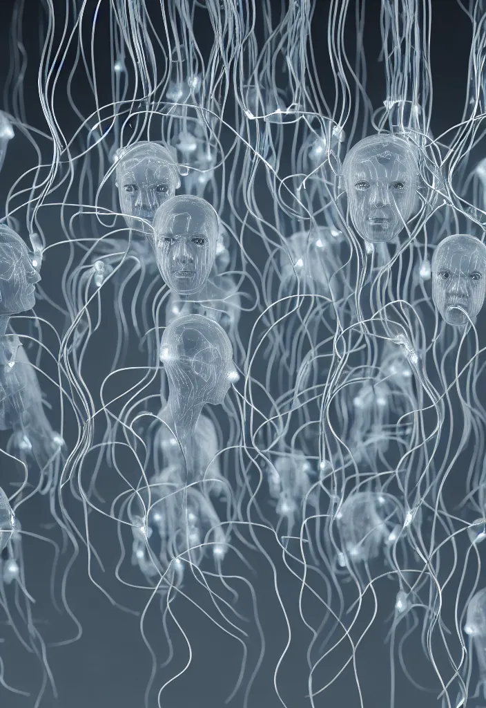 Prompt: a bunch of translucent man's heads which looks like jellyfish mixed with wires and led diodes and radioparts lying in the dark corner of the warehouse, high resolution, sci - fi, cyperpunk, octane render, 8 k