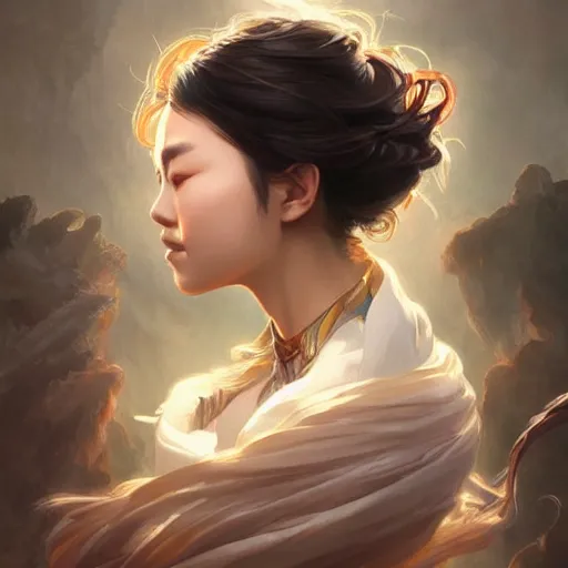 Image similar to An Asian wind elemental, portrait, highly detailed, digital painting, artstation, concept art, sharp focus, illustration, cinematic lighting, art by artgerm and greg rutkowski and alphonse mucha