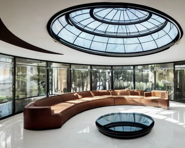 Prompt: A futuristic living room in a glass dome with curved wooden stairs going upstairs in the back of the living room, a big luxurious U shaped sofa and a white marble table in the center of the living room, professional interior design photograph, wide angle photograph, 8k resolution, hyper detailed