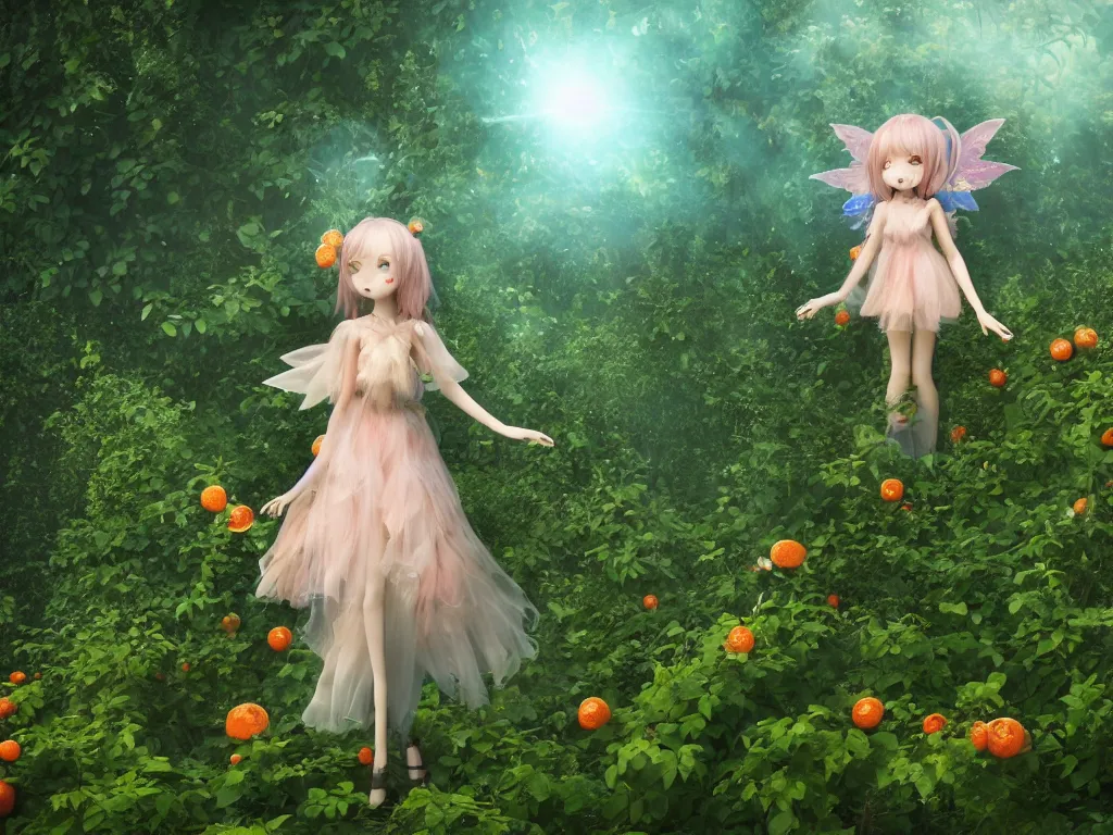 Image similar to cute fumo plush girl among vines in the middle of a lush rose garden, glowing ethereal gothic magical wraith fairy girl, tattered green dress, smoke and orange volumetric fog, blue sky sunshine lens flare, bokeh, vray