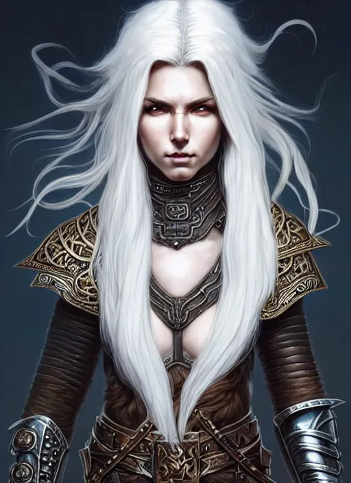 Image similar to warrior, leather armor!!! long wild white hair!! covered chest!!! fantasy, d & d, intricate ornate details, digital painting, pretty face!!, symmetry, concept art, sharp focus, illustration, art by artgerm! greg rutkowski magali villeneuve wlop! ilya kuvshinov!!, octane render