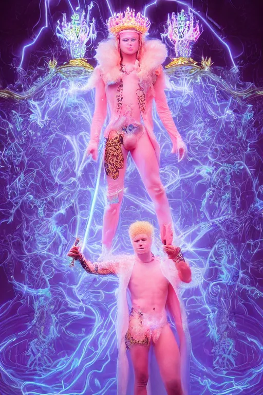 Image similar to full-body rococo and cyberpunk delicate neon crystalline sculpture of ((young muscular golden albino Colombian prince)) as an iridescent humanoid deity wearing ((peach plastic hooded cloak)) (holding a human skull) in a white castle dungeon, reclining, glowing pink face, crown of (pink lasers), large blue diamonds, swirling black silk fabric. futuristic elements. oozing glowing liquid, full-length view. space robots. intricate artwork by caravaggio. Trending on artstation, octane render, cinematic lighting from the right, hyper realism, octane render, 8k, depth of field, 3D