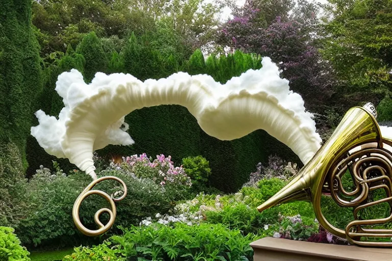 Image similar to a huge flock of many intricate elegant french horn cloud sculptures, art nouveau garden environment, soothing, milky way, award winning art, epic dreamlike fantasy landscape, ultra realistic,