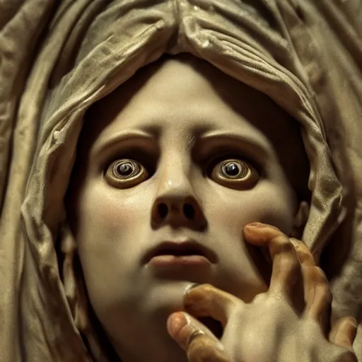 Image similar to ultra - photorealistic, movie scene from horror movie called pieta, best jumpscare scene, intricate details, sharp focus, perfect baroque like real project, symmetrical realistic, perfect face and anatomy ultra - details, 4 k, uhd, beautiful random content position, balance composition