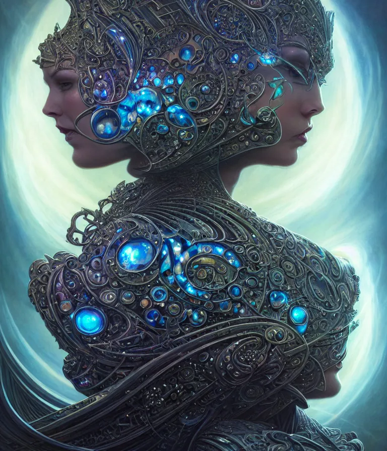 Prompt: front shot of a magic queen , character, hyperdimensional, bioluminescent hypercubes, dark holography, spectral, chrome, intricate, elegant, highly detailed, centered, artstation, concept art, smooth, sharp focus, artgerm, Tomasz Alen Kopera, Peter Mohrbacher, donato giancola, Joseph Christian Leyendecker, WLOP, Boris Vallejo, mugshot, octane render, nvidia raytracing demo, 8K, digitalblasphemy, metatron