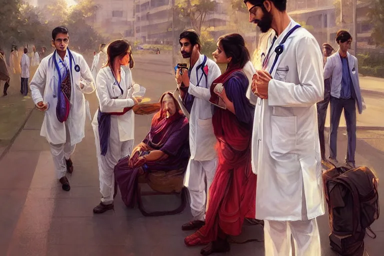 Prompt: Anxious good looking pale young Indian doctors wearing American clothes outside a hospital, portrait, elegant, intricate, digital painting, artstation, concept art, smooth, sharp focus, illustration, art by artgerm and greg rutkowski and alphonse mucha