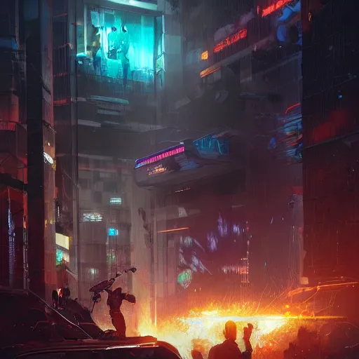 Prompt: angry cyberpunk rioters, detailed digital illustration by greg rutkowski, android netrunner