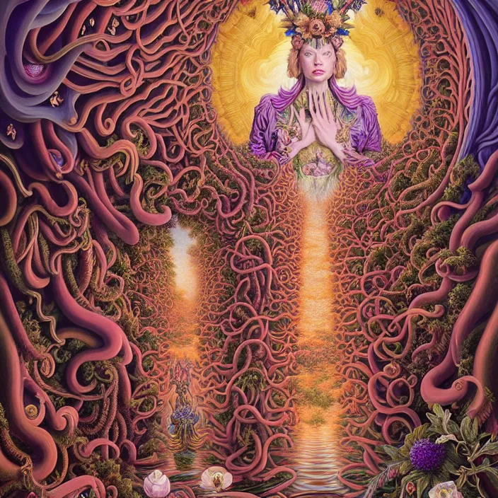 Image similar to beautiful oil painting, full length portrait of dauphinois in baroque coronation robes 1701, Dan Mumford, Dan Mumford, Alex grey, hyacinthe rigaurd, highly detailed , lsd visuals, dmt fractal patterns, hallucinogen, visionary art, psychedelic art, ornate, vaporwave, baroque, Greg rutkowski