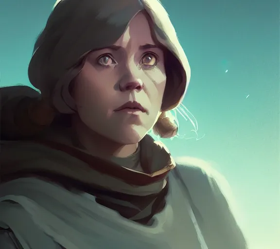 Image similar to portrait of female luke skywalker, fantasy, matte painting, illustration, hearthstone, by atey ghailan, by greg rutkowski, by greg tocchini, by james gilleard, by joe fenton, by kaethe butcher, dynamic lighting, gradient light blue, brown, blonde cream and white color scheme, grunge aesthetic