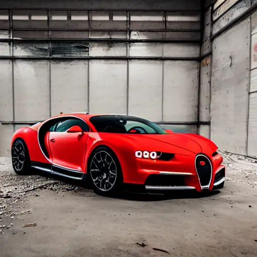 Image similar to an abandoned, derelict, rusty bugatti chiron in a dirty warehouse