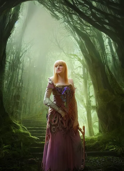 Prompt: Beautiful art portrait of Melissa Rauch as a fantasy gothic priestess in a bright temple surrounded by lush forest, atmospheric lighting, intricate detail, cgsociety, hyperrealistic, octane render, RPG portrait, ambient light, dynamic lighting