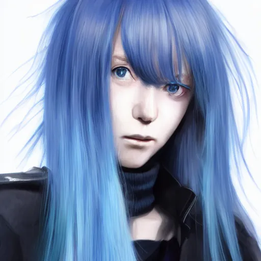 Image similar to full face shot of rimuru tempest, sky blue straight hair, long bangs, with amber eyes, wearing a black jacket, high collar, ultra detailed, concept art, award winning photography, digital painting, cinematic, wlop artstation, closeup, pixiv, evil, yoshitaka amano, andy warhol, ilya kuvshinov,