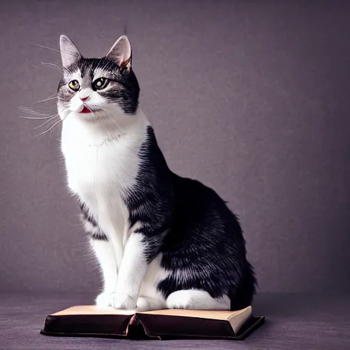 Image similar to award winning photograph of super adorable cat standing in front an open Bible, studio lighting, studio photography