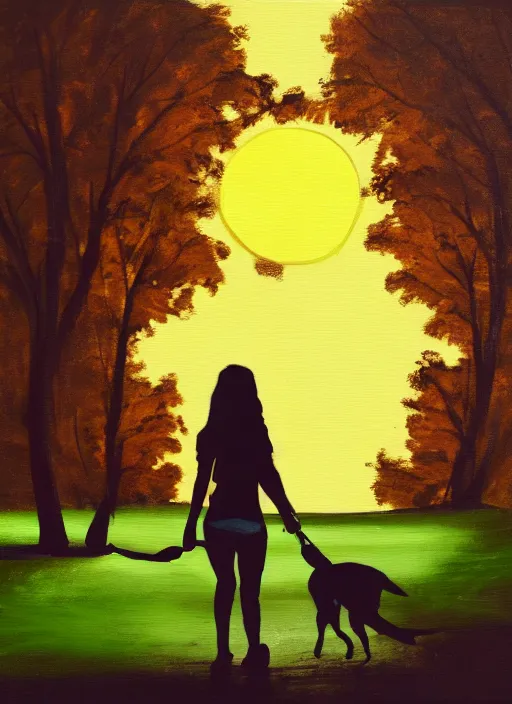 Image similar to young brown woman walking her dog in a park at night with a full moon, painting fantasy