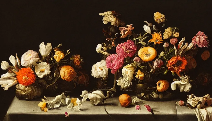 Image similar to beautiful disturbing dutch golden age bizarre floral still life with toes sprouting up everywhere by rachel ruysch black background chiaroscuro beautiful dramatic lighting perfect composition high definition 8 k 1 0 8 0 p