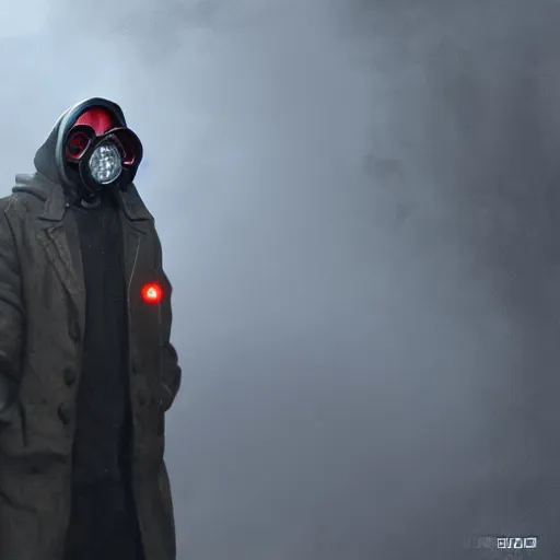 Image similar to hooden villain wearing a gas mask with red goggles, smoke coming out of his cloak, dark background, unreal engine 5, ultra realistic, detailed, fog, by greg rutkowski